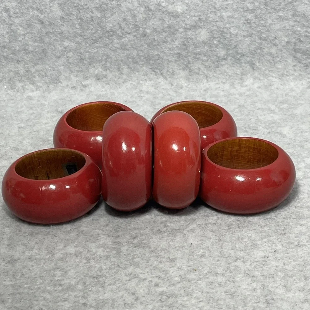 Red Lacquer Wood Napkin Rings Set of 6 Round Made‎ in India Table Decor Dining